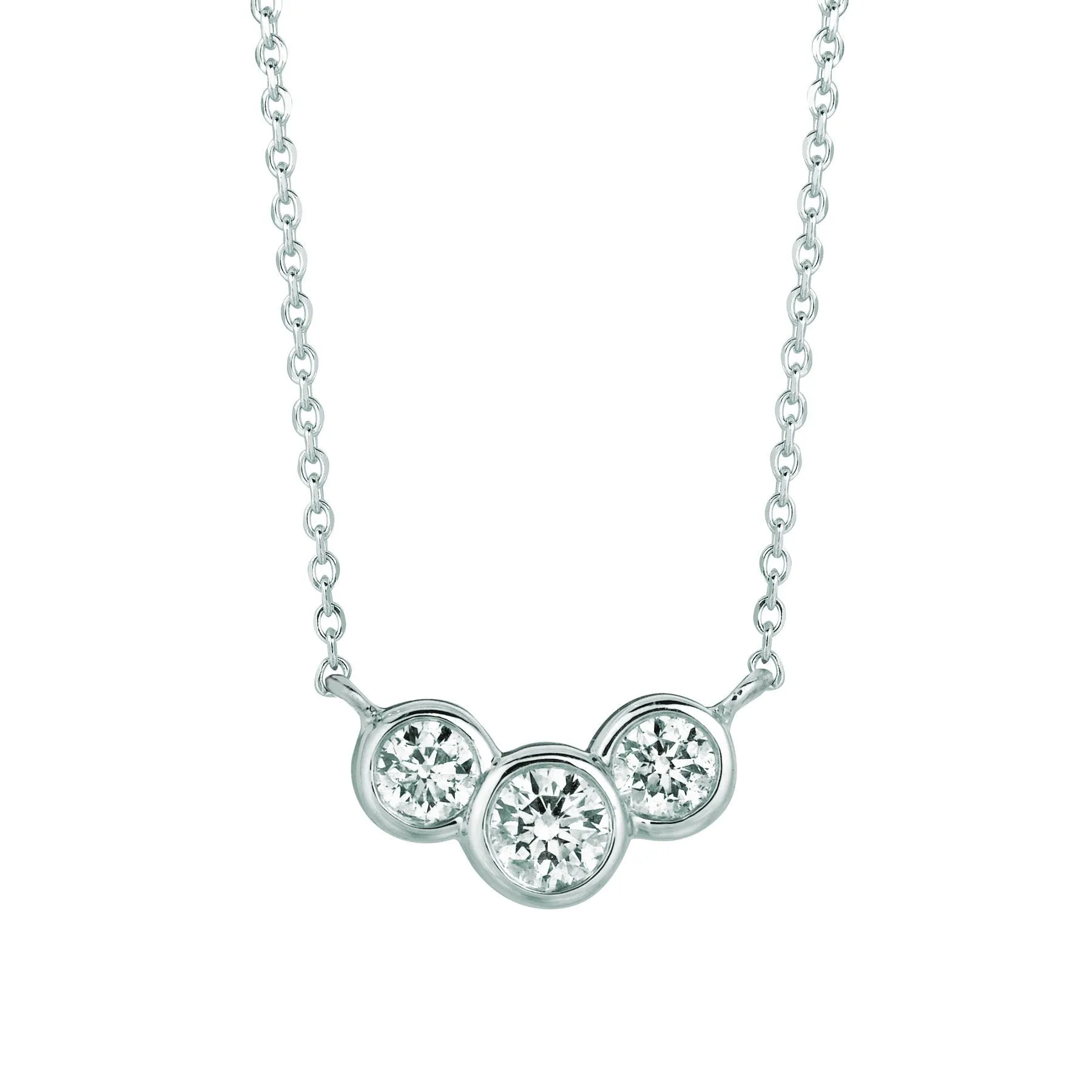 0.75 Carat Natural 3 Stone Diamond Bezel Necklace 14K White Gold G SI