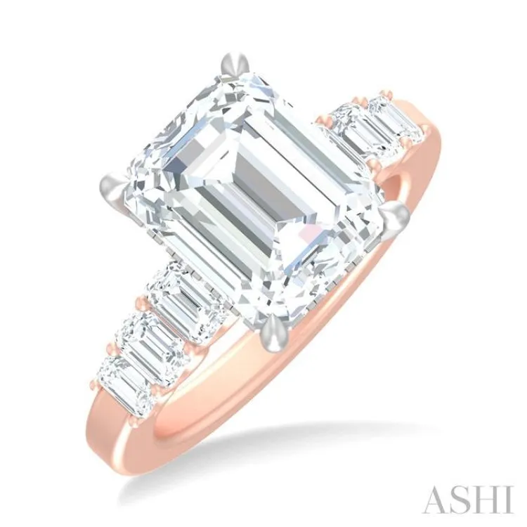 1 1/4 ctw Emerald Shape Emerald and Round Cut Diamond Semi Mount Engagement Ring in 14K Rose and White Gold