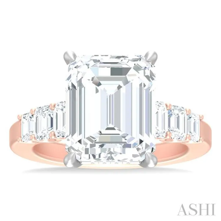 1 1/4 ctw Emerald Shape Emerald and Round Cut Diamond Semi Mount Engagement Ring in 14K Rose and White Gold