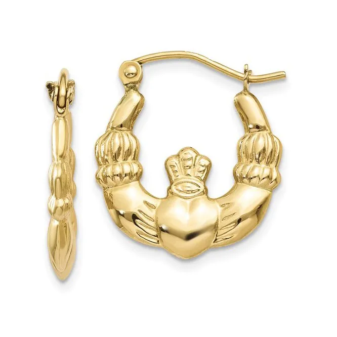 10K (White or Yellow) Gold Claddagh Hoop Earrings Yellow