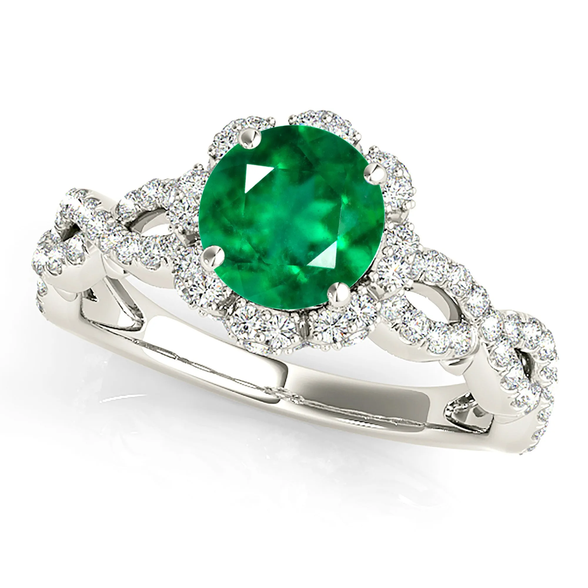 1.15 ct. Genuine Emerald Ring With Flower Halo, Open Twisted Diamond Band