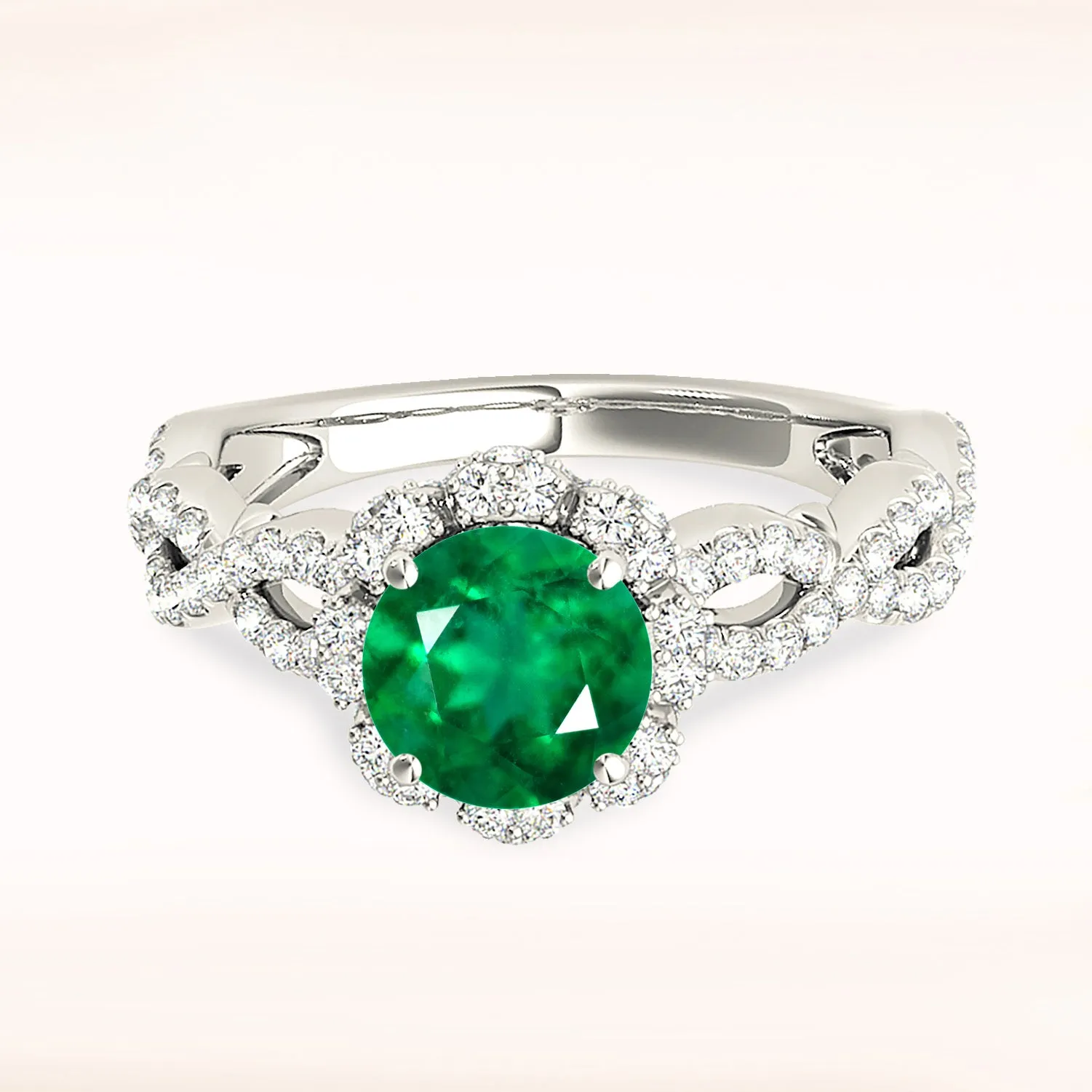 1.15 ct. Genuine Emerald Ring With Flower Halo, Open Twisted Diamond Band