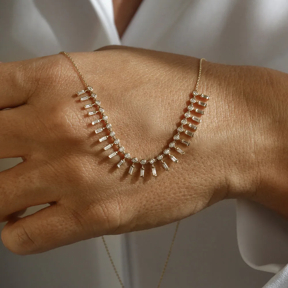 14k Baguette and Round Diamonds Statement Piece Necklace