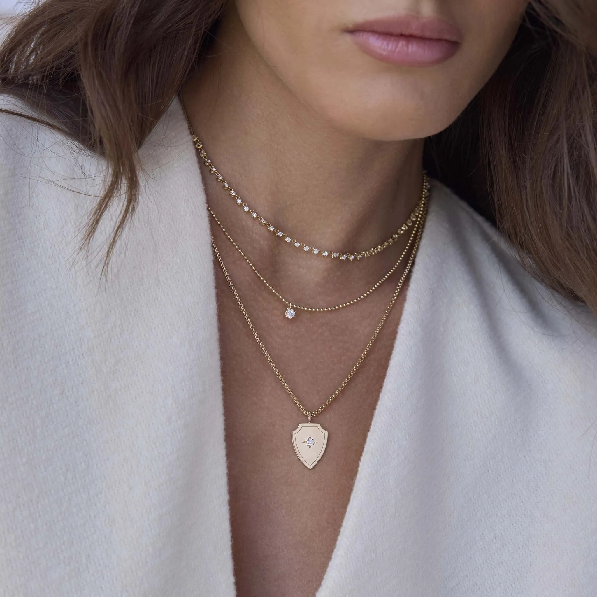 14k Diamond Shield Pendant Box Chain Necklace