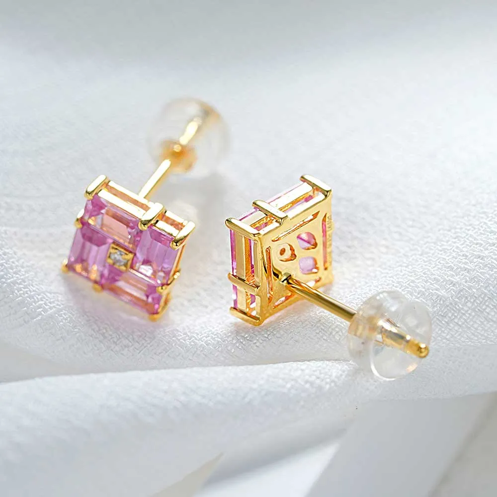 14k Gold Swastika Pink Radiant Cut Earrings