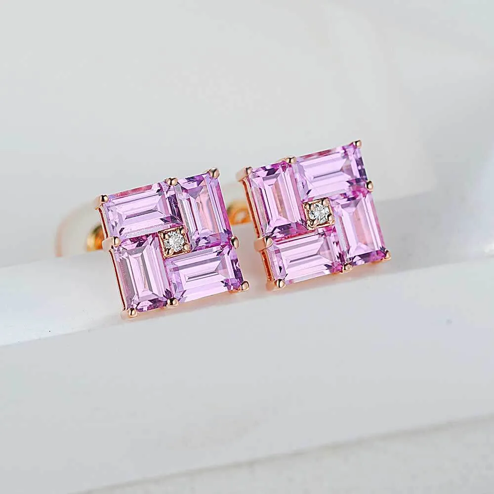 14k Gold Swastika Pink Radiant Cut Earrings