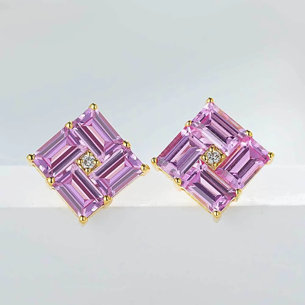 14k Gold Swastika Pink Radiant Cut Earrings