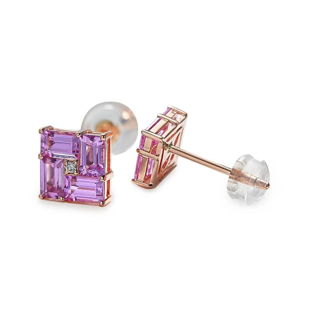 14k Gold Swastika Pink Radiant Cut Earrings