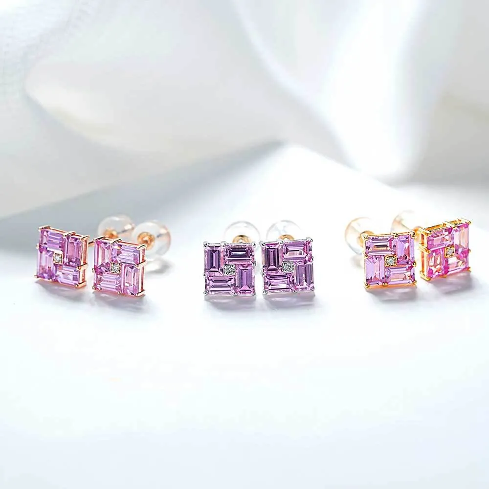 14k Gold Swastika Pink Radiant Cut Earrings