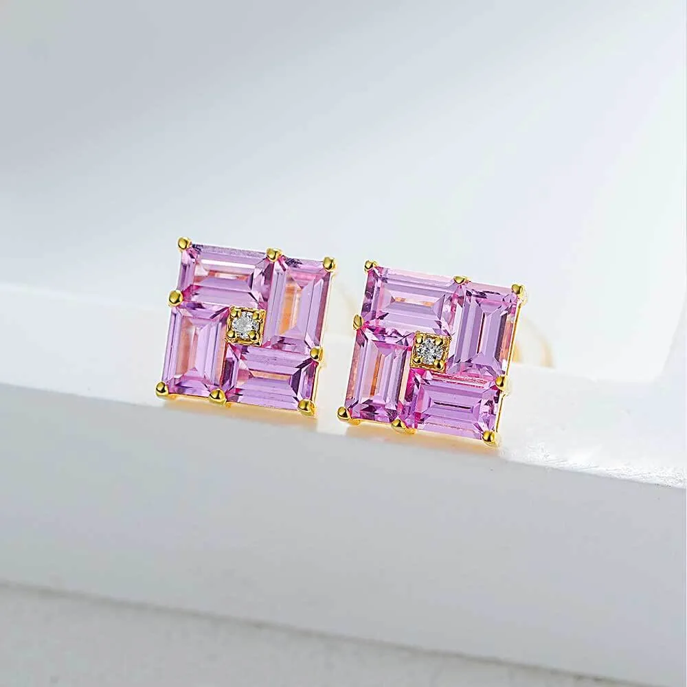 14k Gold Swastika Pink Radiant Cut Earrings