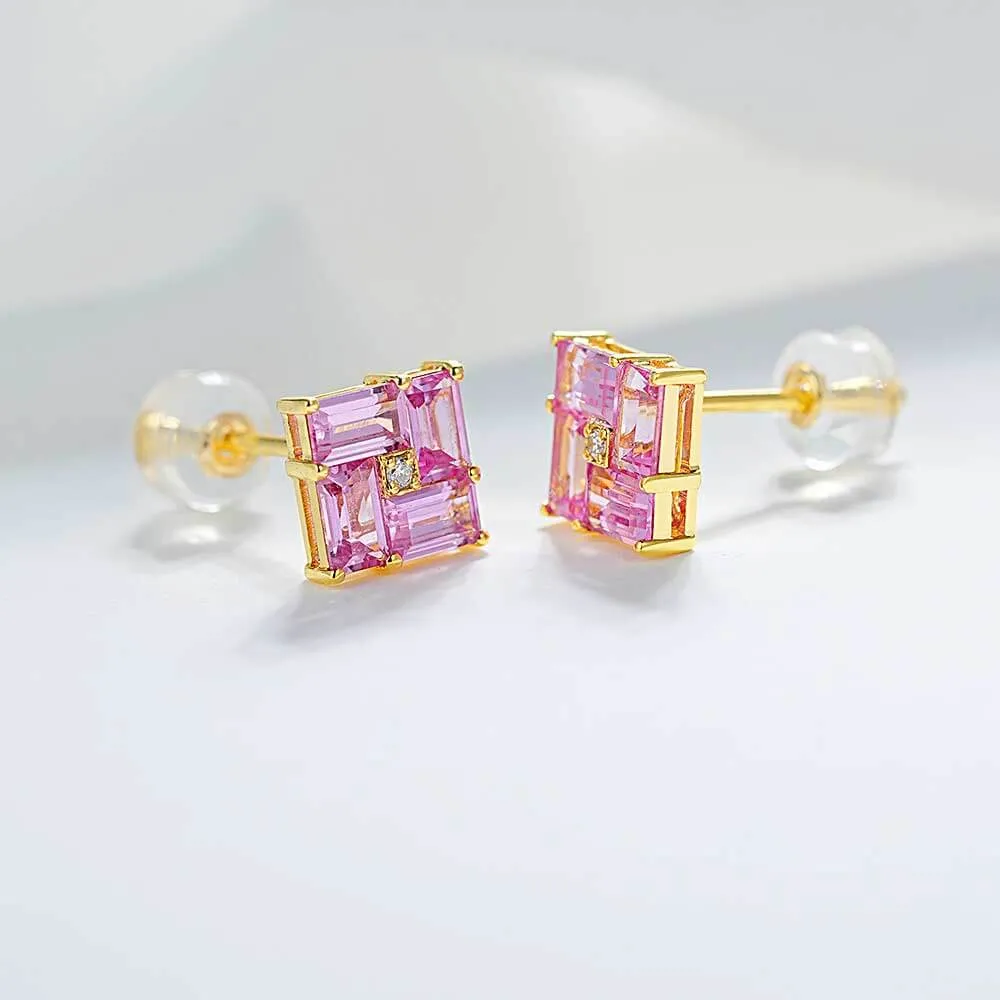 14k Gold Swastika Pink Radiant Cut Earrings