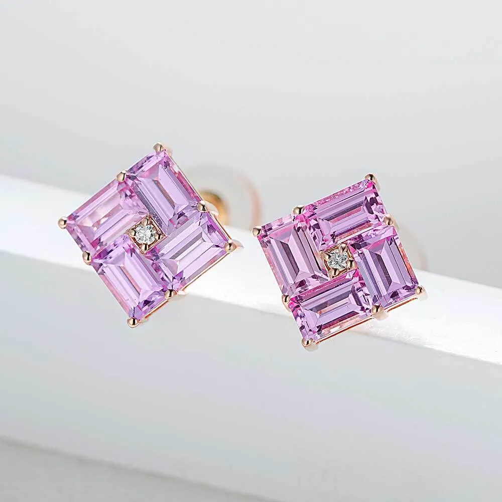 14k Gold Swastika Pink Radiant Cut Earrings