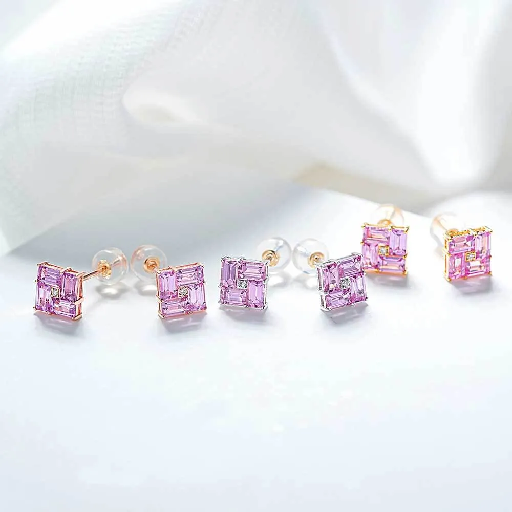 14k Gold Swastika Pink Radiant Cut Earrings
