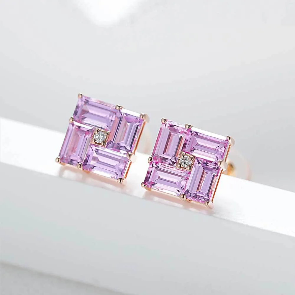 14k Gold Swastika Pink Radiant Cut Earrings