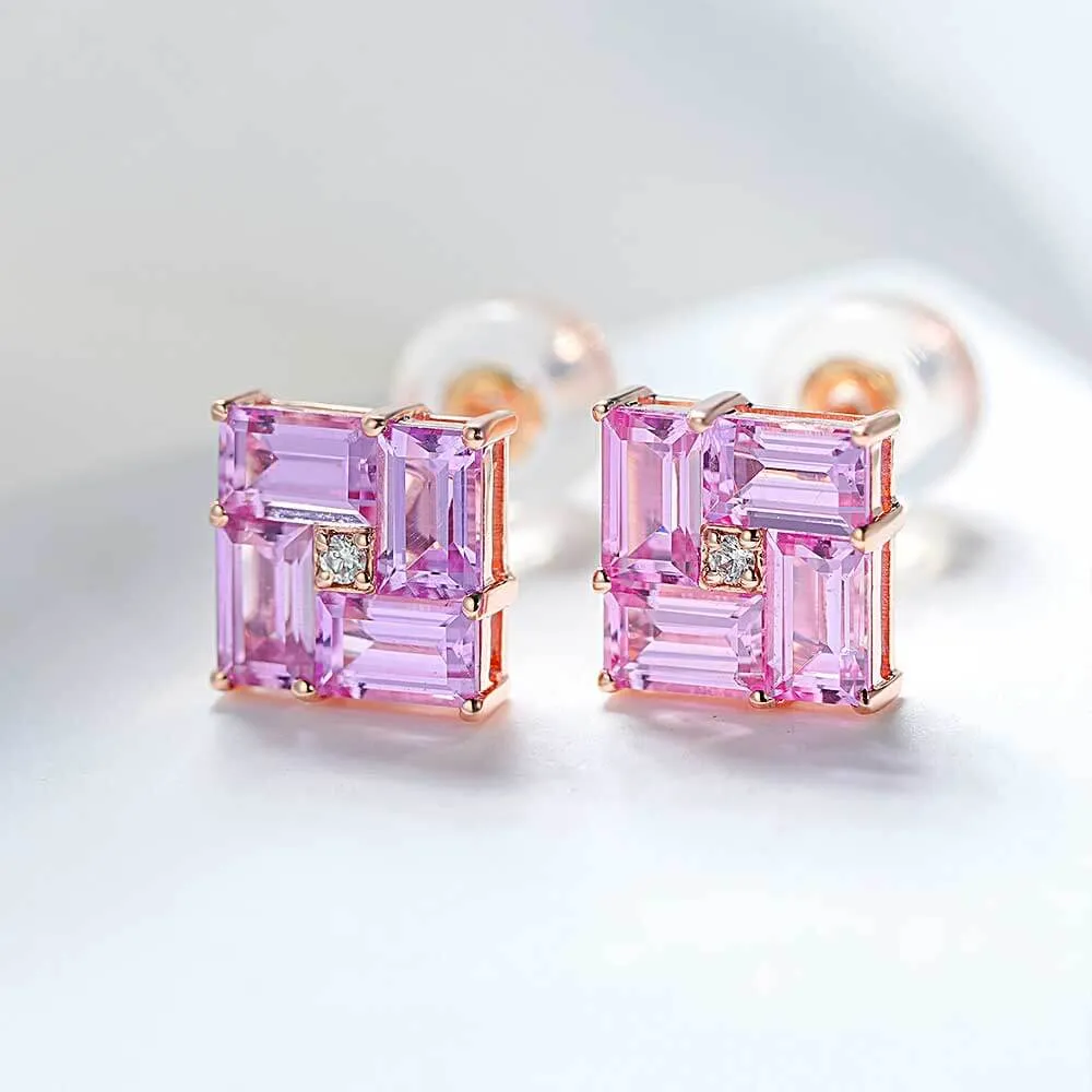 14k Gold Swastika Pink Radiant Cut Earrings