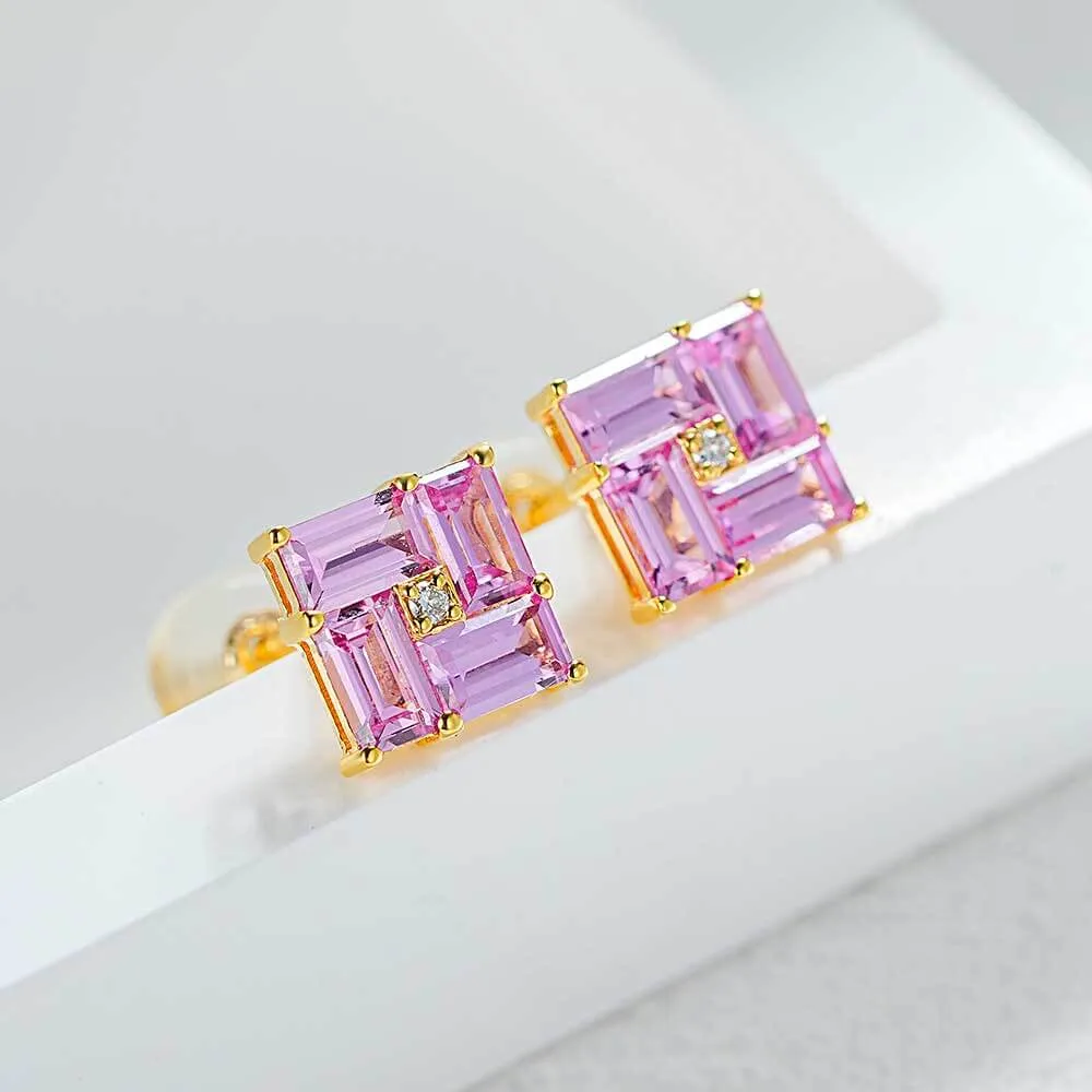 14k Gold Swastika Pink Radiant Cut Earrings