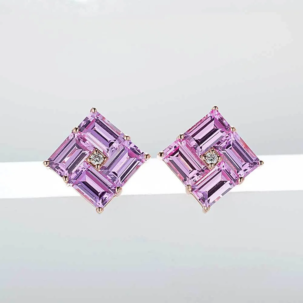 14k Gold Swastika Pink Radiant Cut Earrings
