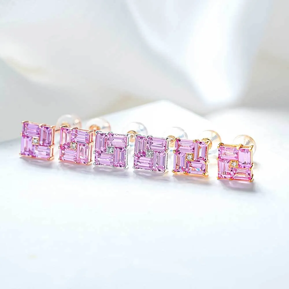 14k Gold Swastika Pink Radiant Cut Earrings