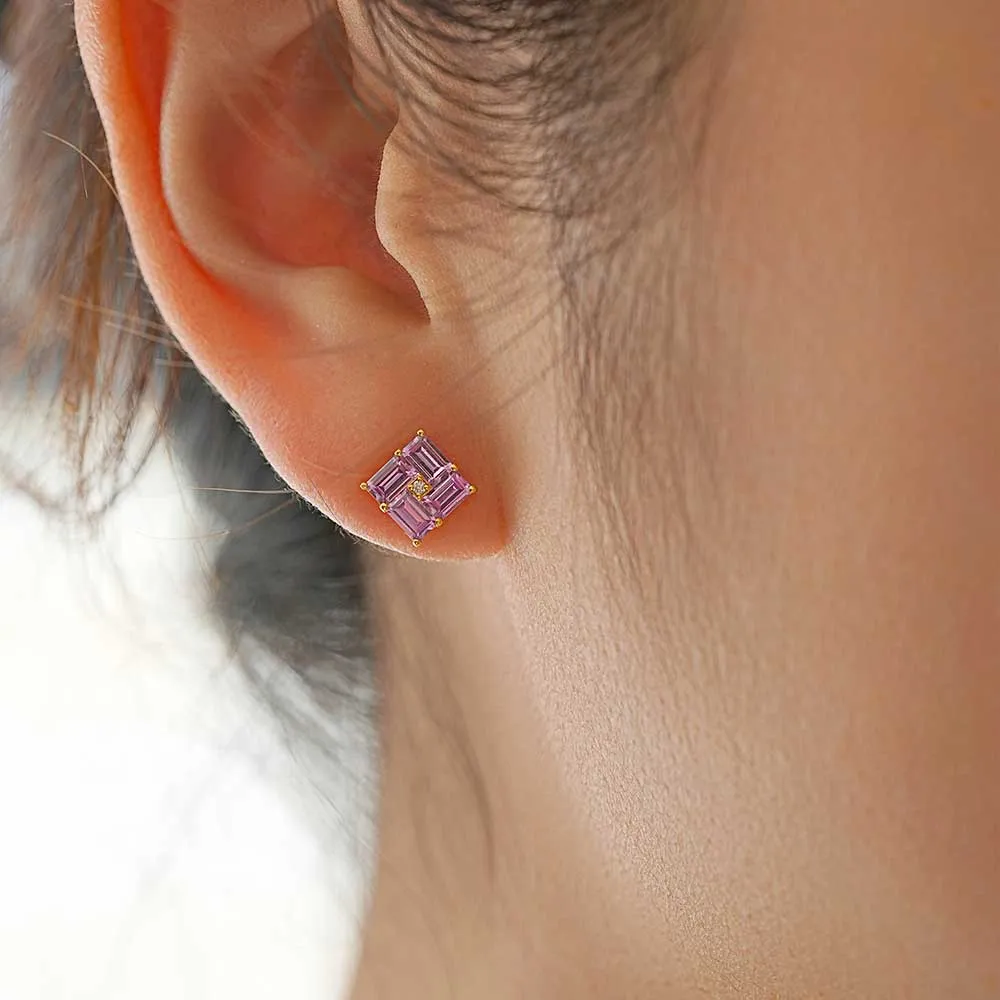 14k Gold Swastika Pink Radiant Cut Earrings