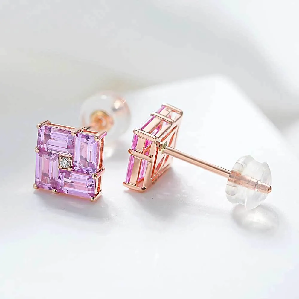 14k Gold Swastika Pink Radiant Cut Earrings