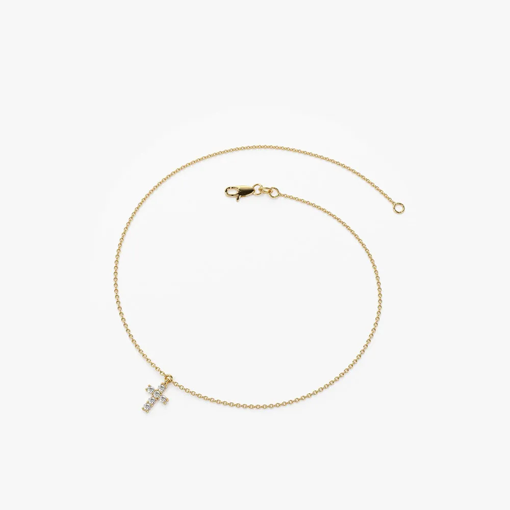 14k Gold Tiny Diamond Cross Charm Bracelet