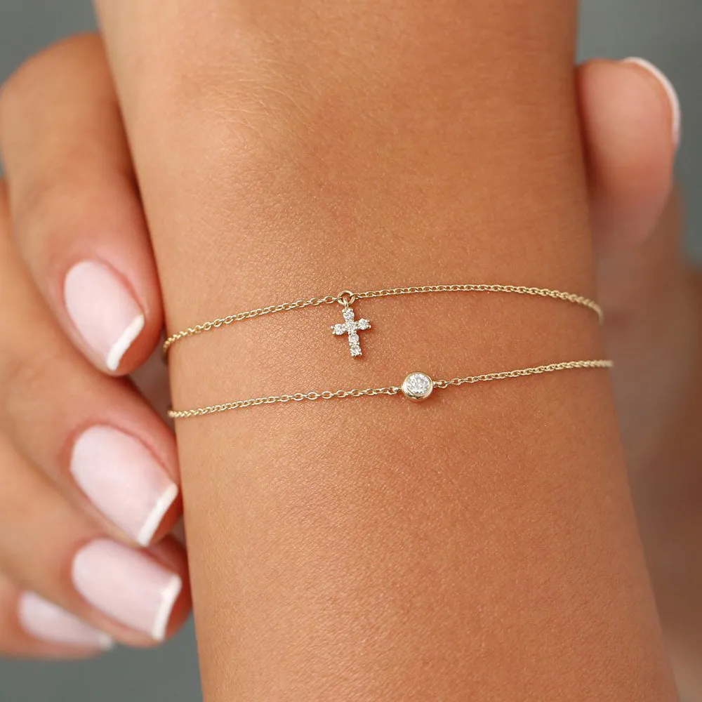 14k Gold Tiny Diamond Cross Charm Bracelet