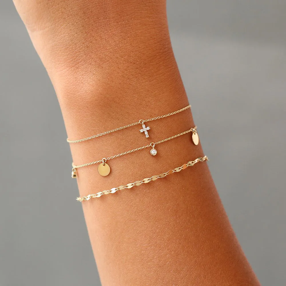 14k Gold Tiny Diamond Cross Charm Bracelet