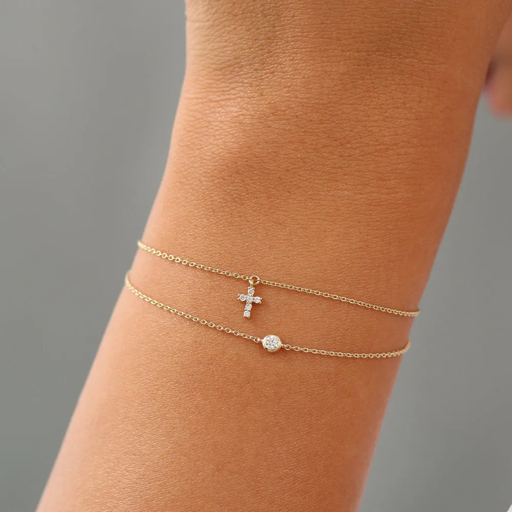 14k Gold Tiny Diamond Cross Charm Bracelet