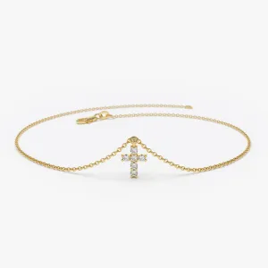 14k Gold Tiny Diamond Cross Charm Bracelet