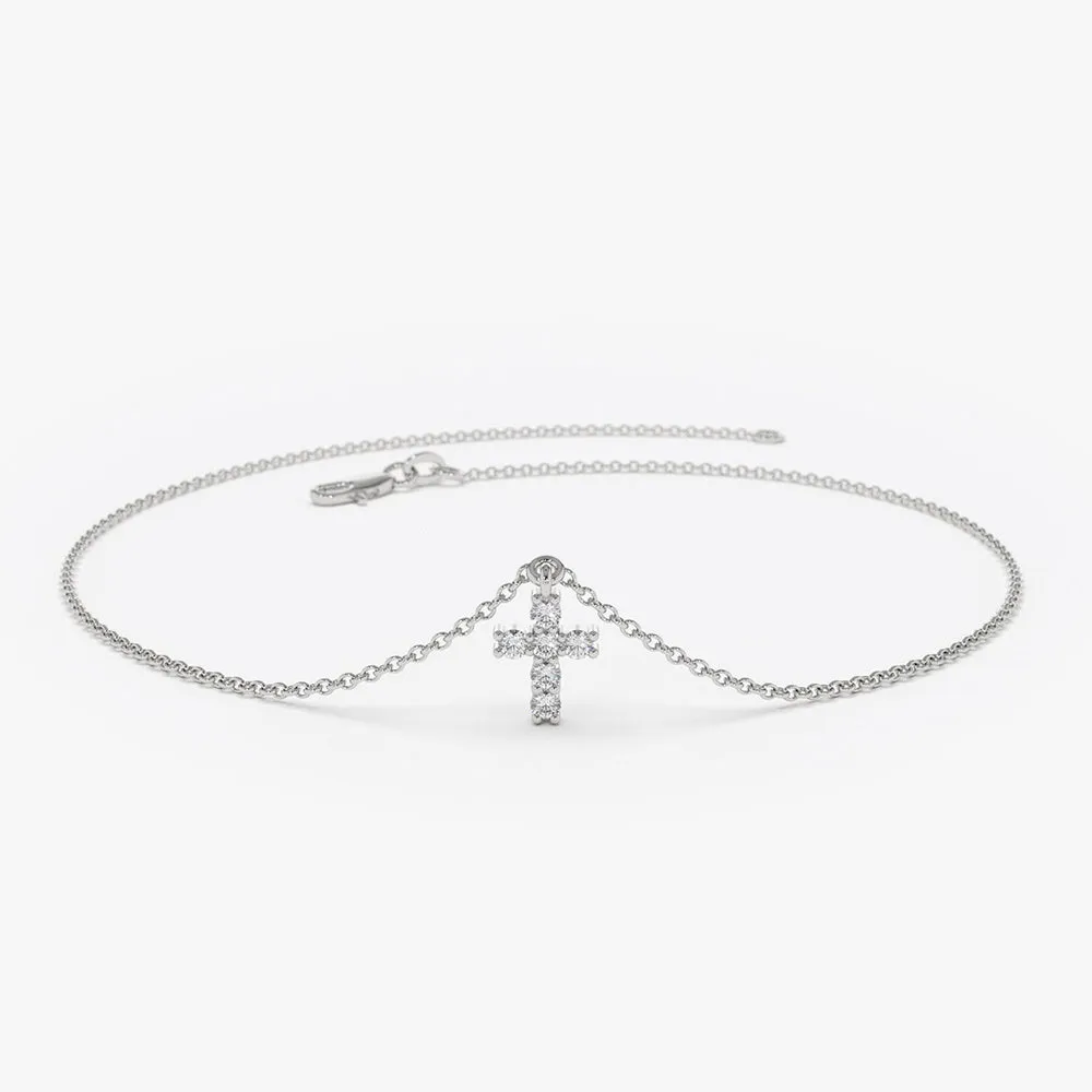 14k Gold Tiny Diamond Cross Charm Bracelet