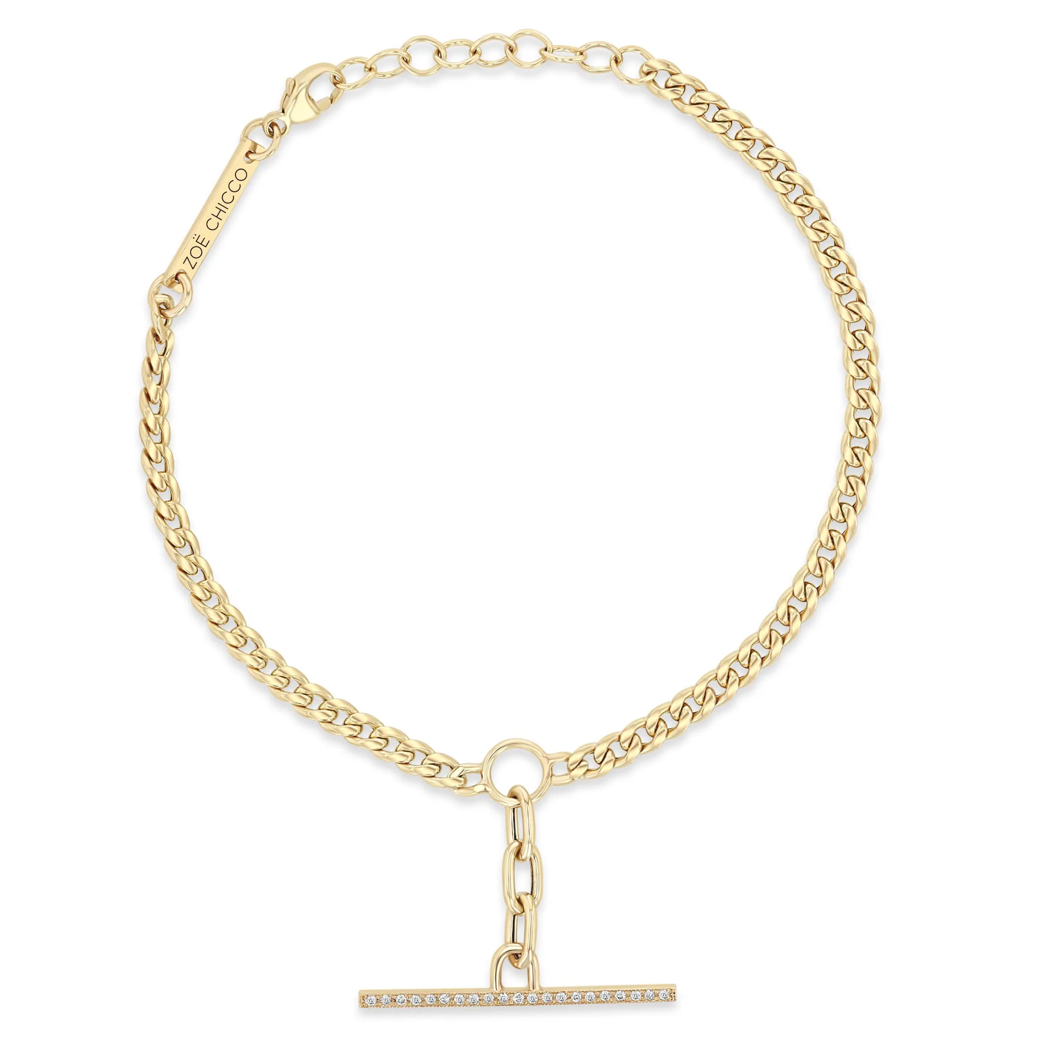 14k Mixed Small Curb & Medium Square Oval Chain Pavé Diamond Toggle Bracelet