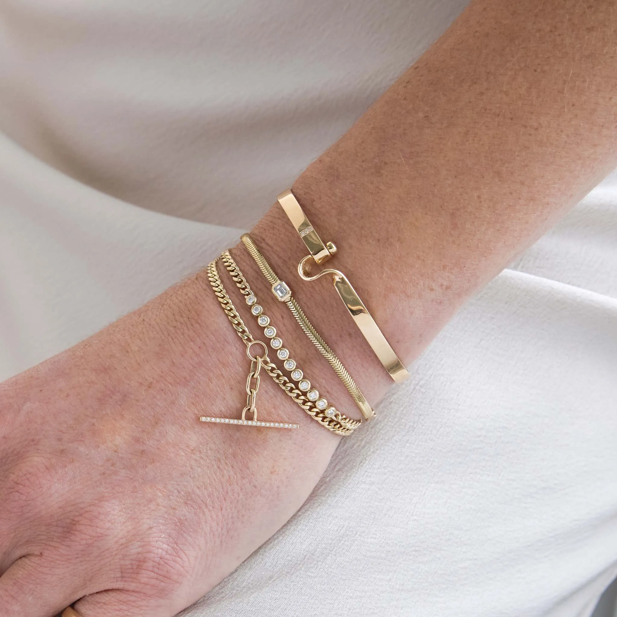 14k Mixed Small Curb & Medium Square Oval Chain Pavé Diamond Toggle Bracelet