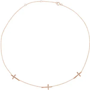 14K Rose .05 CTW Diamond 3-Station Cross 16-18" Necklace