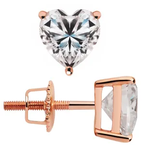 14K Solid Rose Gold Stud Earrings | Heart Cut Cubic Zirconia | Screw Back Posts | 1.5 CTW