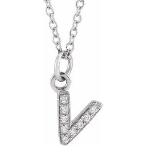 14K White .03 CTW Natural Diamond Petite Initial V 16-18" Necklace