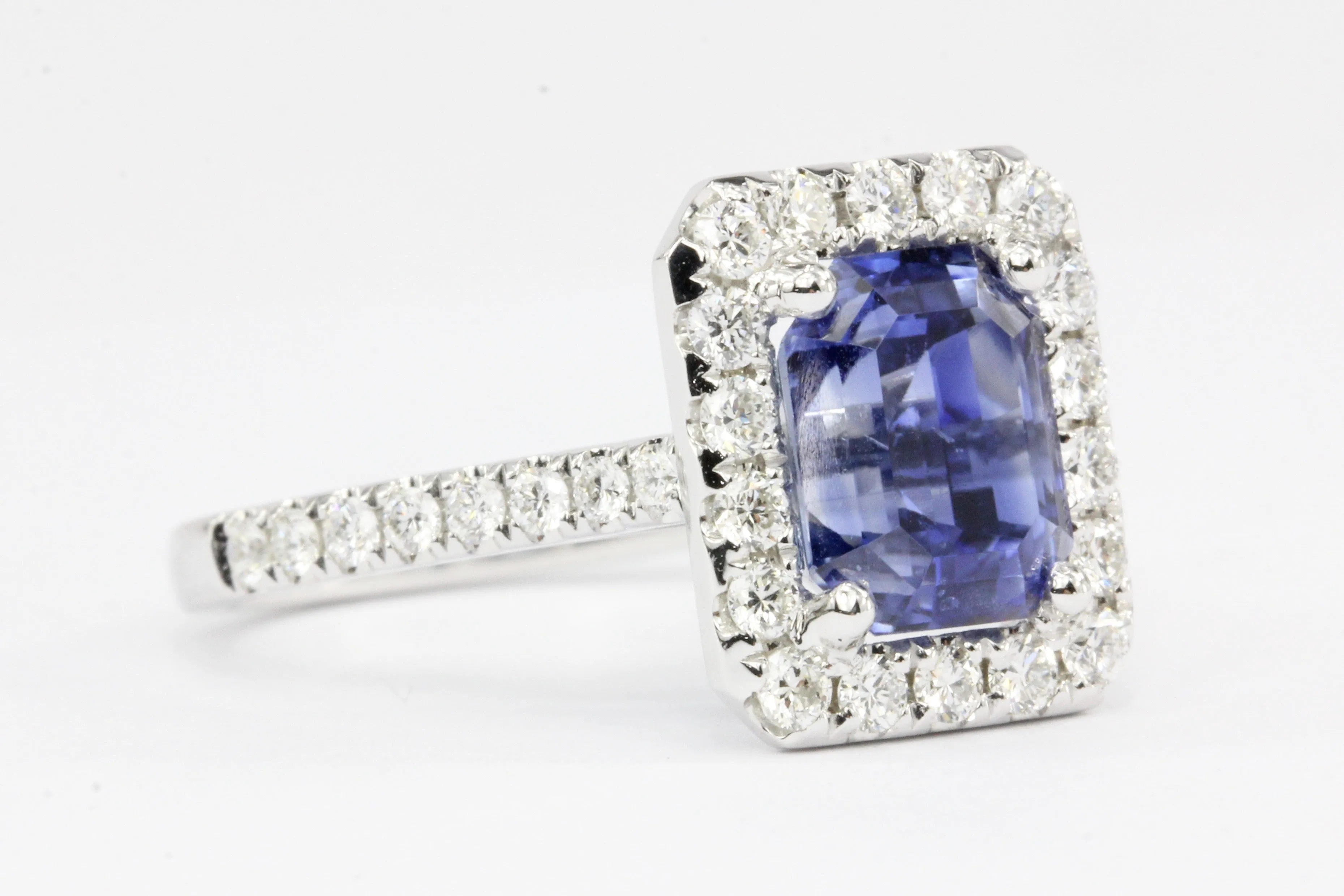 14K White Gold 3.97 Carat Natural Blue Sapphire and Diamond Halo Ring