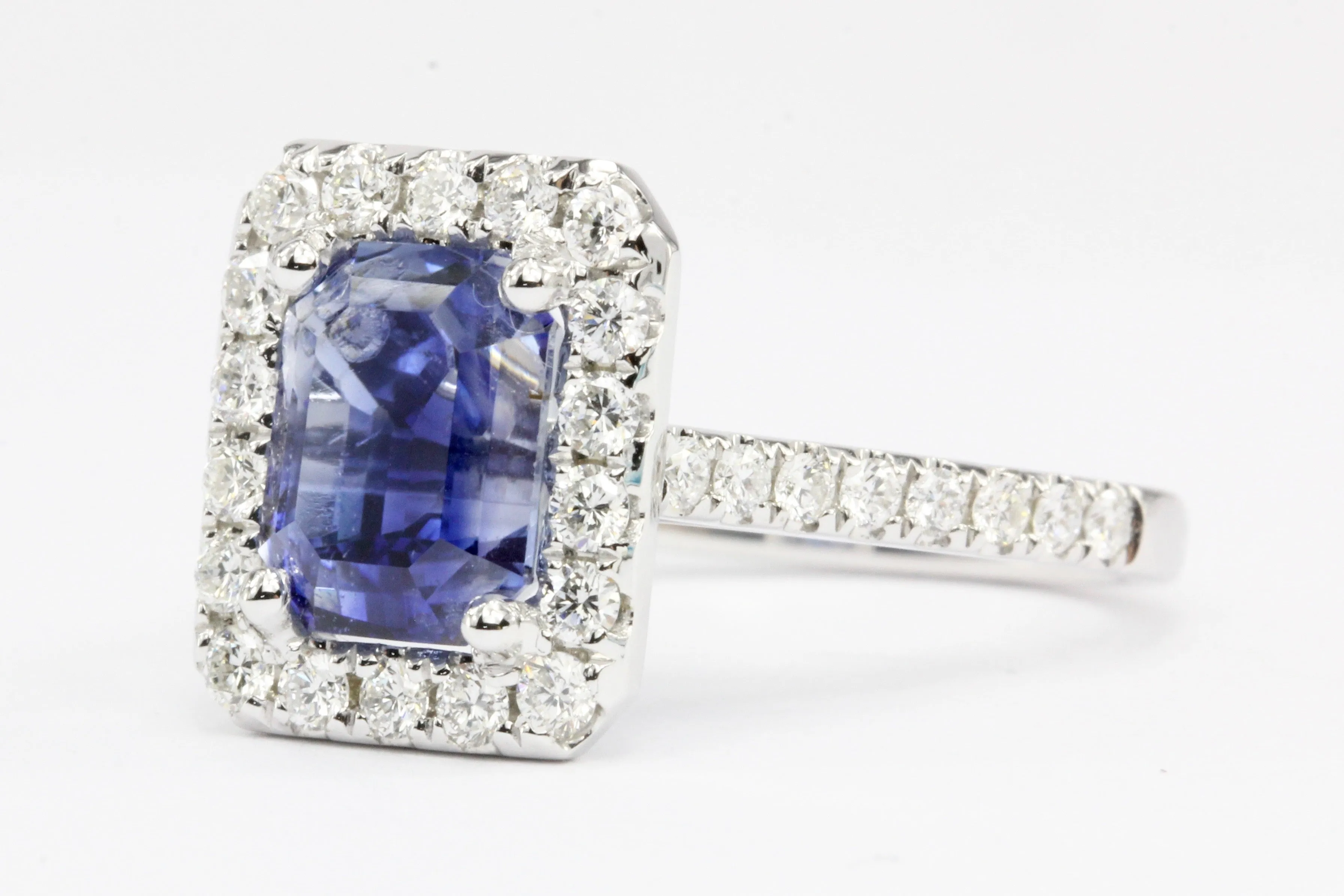 14K White Gold 3.97 Carat Natural Blue Sapphire and Diamond Halo Ring