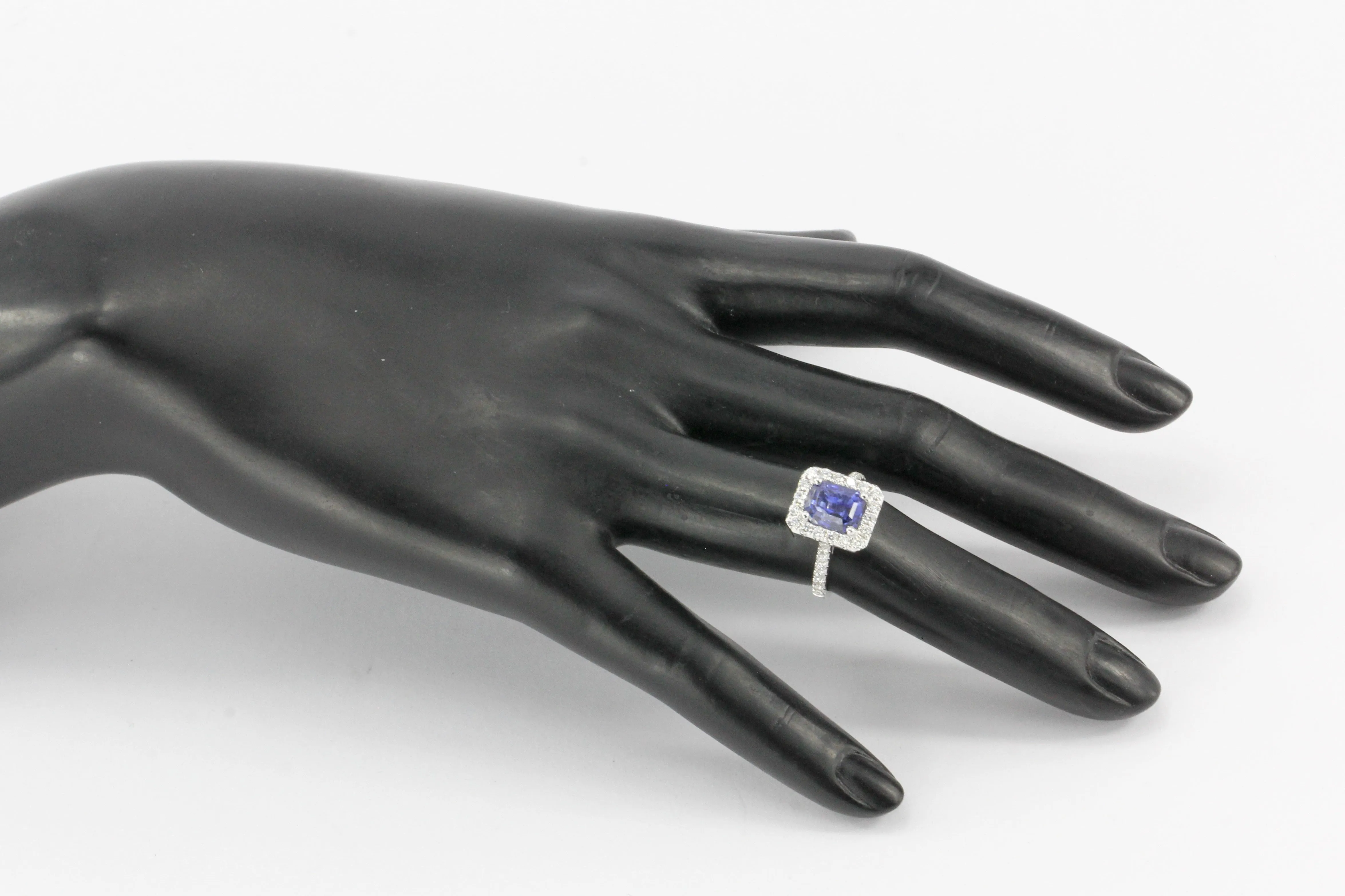14K White Gold 3.97 Carat Natural Blue Sapphire and Diamond Halo Ring