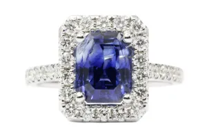 14K White Gold 3.97 Carat Natural Blue Sapphire and Diamond Halo Ring