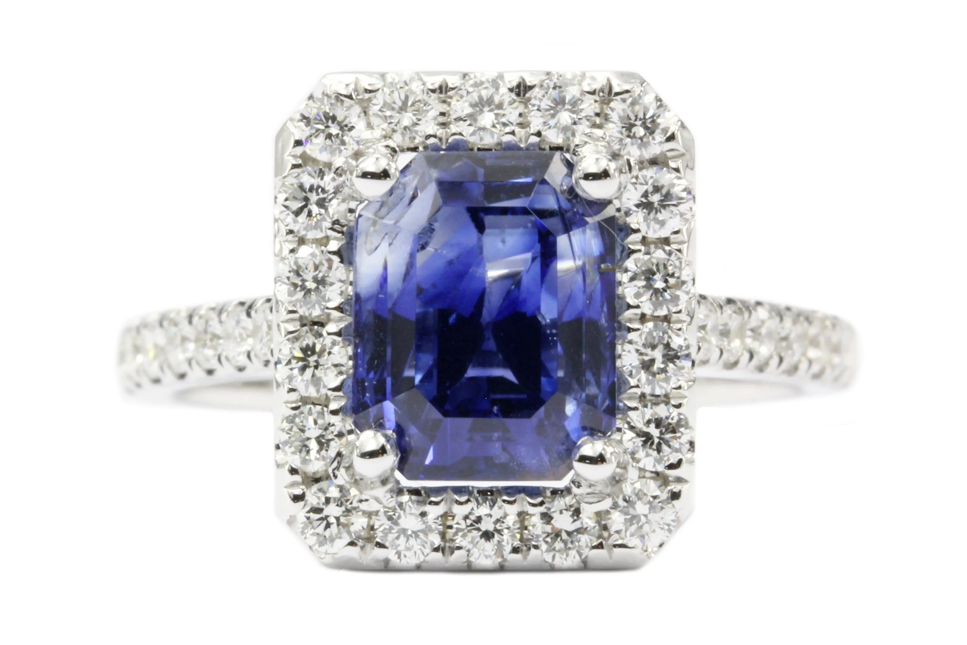 14K White Gold 3.97 Carat Natural Blue Sapphire and Diamond Halo Ring