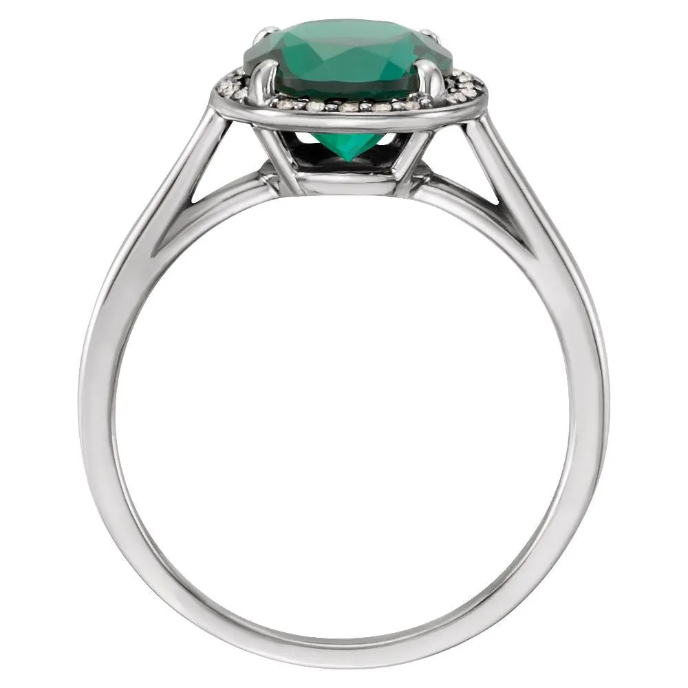 14k White Gold Chatham® Created Emerald and .05 CTW Diamond Ring, Size 7