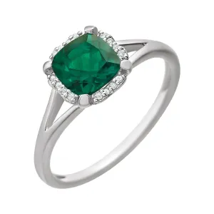 14k White Gold Created Emerald & .05 CTW Diamond Ring, Size 7