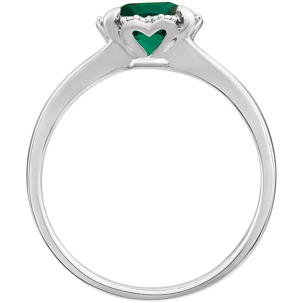 14k White Gold Created Emerald & .05 CTW Diamond Ring, Size 7