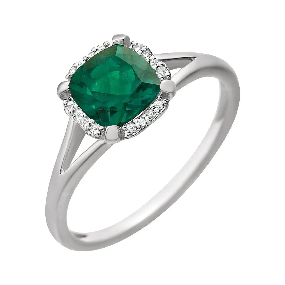 14k White Gold Created Emerald & .05 CTW Diamond Ring, Size 7