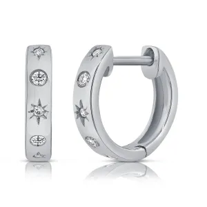 14K White Gold Diamond Star Huggie Earrings