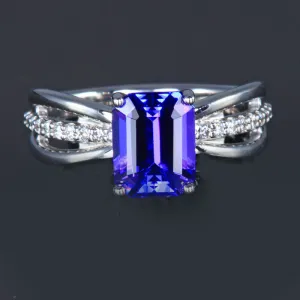 14K White Gold Emerald Cut Tanzanite with Diamonds on Shank Ring 3.10 Carats
