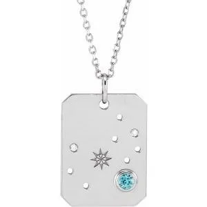 14K White Natural Blue Zircon & .01 Natural Diamond Scorpio Constellation 16-18" Necklace