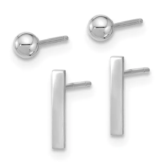 14K White Polished 3mm Ball and Bar Earring Set