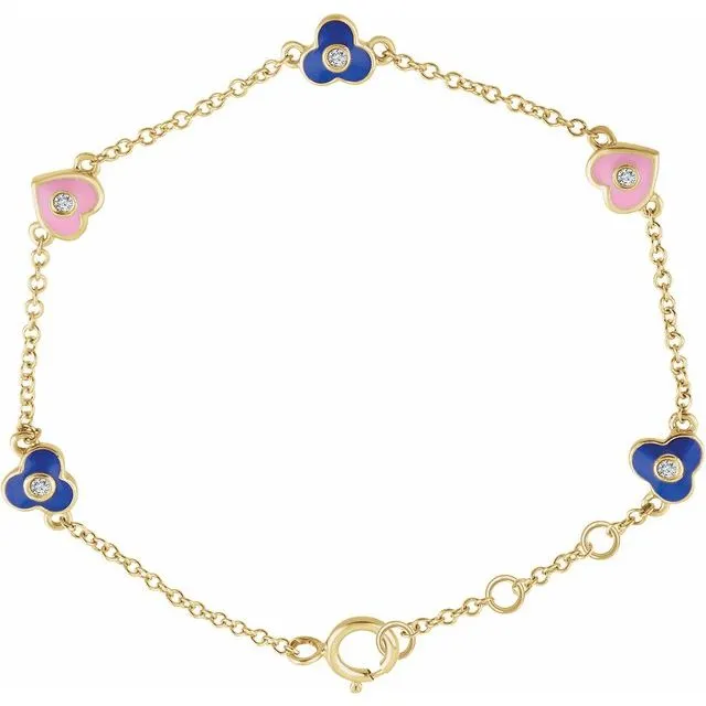 14K Yellow Gold .04 CTW Natural Diamond Flowers & Hearts 5-7" Bracelet