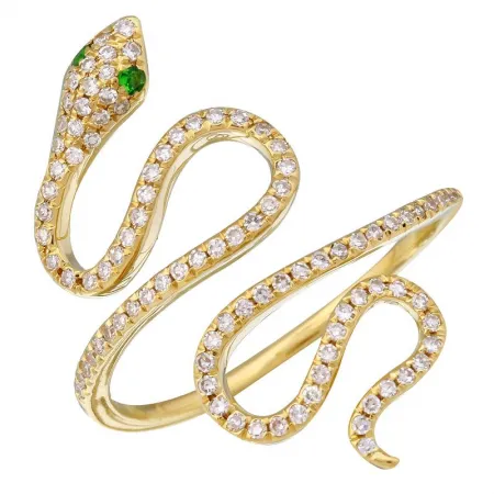 14K Yellow Gold Diamond   Emerald Eye Snake Ring